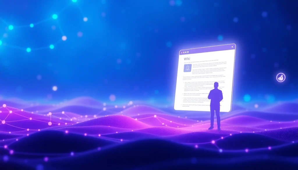 The hidden wiki depicted as a digital landscape featuring abstract networks and a floating Wiki page.