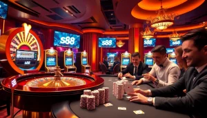 S88 nhà cái players enjoying thrilling games at an upscale casino with vibrant slot machines and roulette.