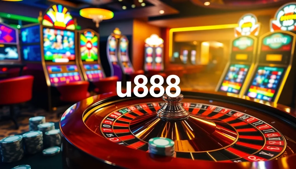 Exciting online gambling experience at u888 with vibrant roulette wheel and poker chips.