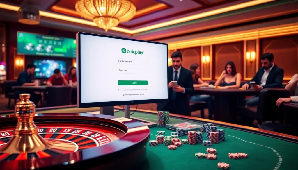 Onicplay login interface displayed on a sleek computer amidst a vibrant casino scene with roulette and poker chips.