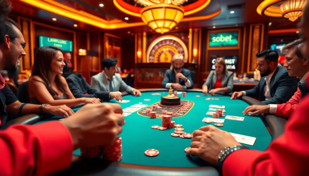 Experience thrilling sbobet gaming with players enjoying poker at a luxurious casino table.