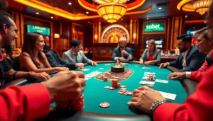 Experience thrilling sbobet gaming with players enjoying poker at a luxurious casino table.