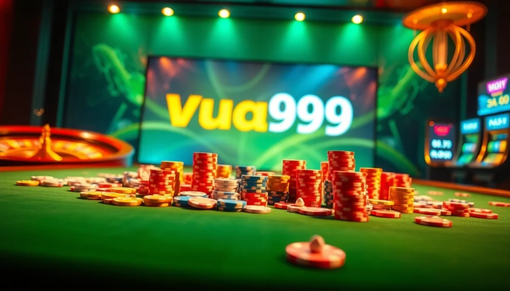 Experience the thrill of 'trang cá cược vua99' amid vibrant casino elements, cards, and betting action.
