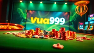 Experience the thrill of 'trang cá cược vua99' amid vibrant casino elements, cards, and betting action.