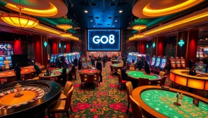 Players enjoying vibrant games at the luxurious trang chủ go8 casino, highlighting a lively atmosphere with roulette and slot machines.