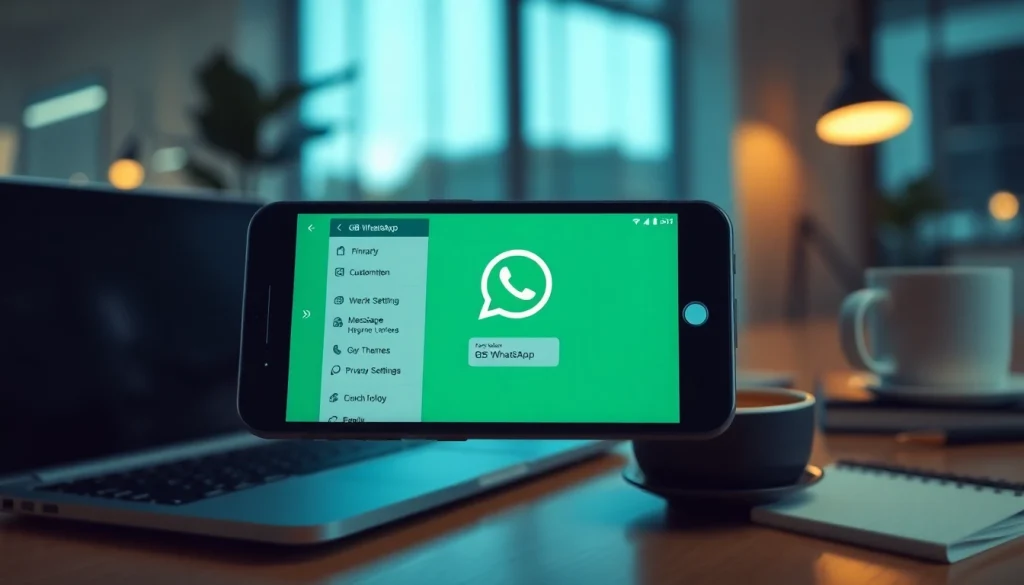 GB WhatsApp interface on a smartphone with customization features, showcasing privacy settings in a modern workspace.