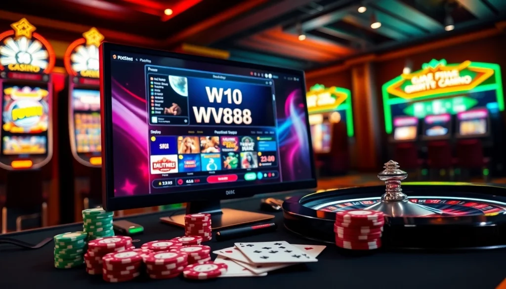 Engage in high-stake bets at WW88's luxury online casino, featuring vibrant games and poker chips.