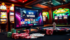 Engage in high-stake bets at WW88's luxury online casino, featuring vibrant games and poker chips.