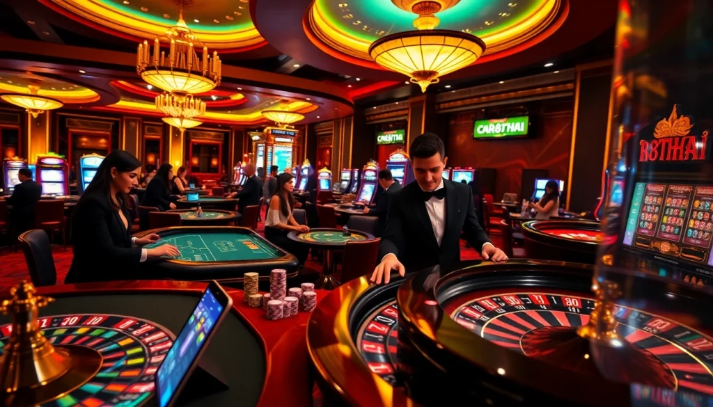 Exciting BK8THAI casino scene with vibrant gaming tables and engaged players.