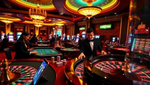 Exciting BK8THAI casino scene with vibrant gaming tables and engaged players.