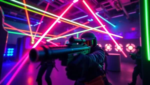 Engaged players in a dynamic laser tag arena featuring vibrant colors and neon lights.