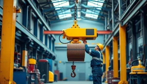Electric chain hoist crane lifting heavy loads in an industrial workshop, showcasing efficiency and safety.