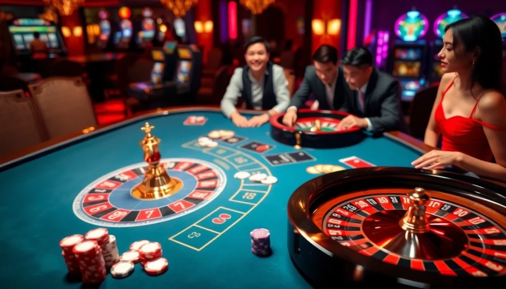 Engaged poker players at a vibrant casino table showcasing the excitement of online gambling at https://rikvip368.com.