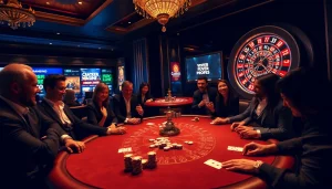 Excited players at a poker table in a luxurious casino representing good88k.blog's thrilling gaming experience.