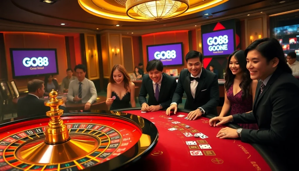Players enjoying the excitement of GO88 at vibrant casino tables with cards and chips.