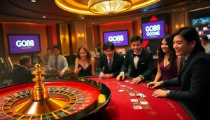 Players enjoying the excitement of GO88 at vibrant casino tables with cards and chips.