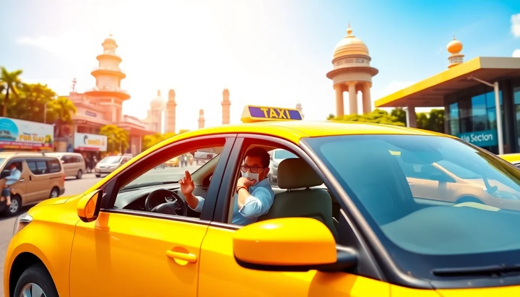 Gurgaon Taxi Service featuring a clean cab and friendly driver amidst Gurgaon landmarks.