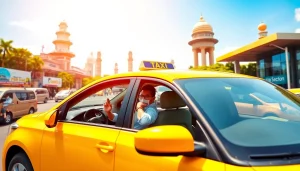 Gurgaon Taxi Service featuring a clean cab and friendly driver amidst Gurgaon landmarks.