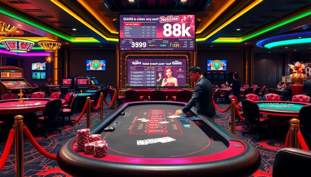 A dynamic casino scene at https://hello88k.blog showing a dealer engaging players at a vibrant blackjack table.