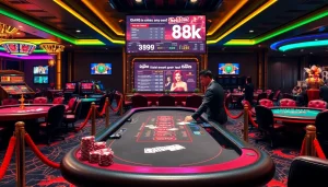 A dynamic casino scene at https://hello88k.blog showing a dealer engaging players at a vibrant blackjack table.