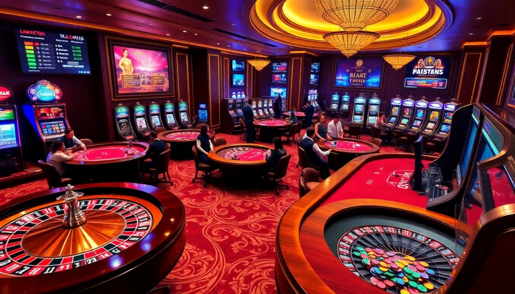 Players enjoy exciting table games in a luxurious BK8Thai casino environment, filled with vibrant gaming energy.
