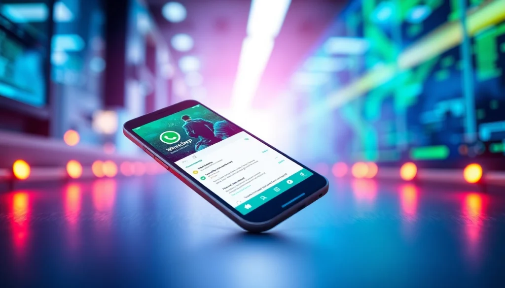 GB WhatsApp APK displayed on a smartphone, featuring vibrant themes and privacy settings.