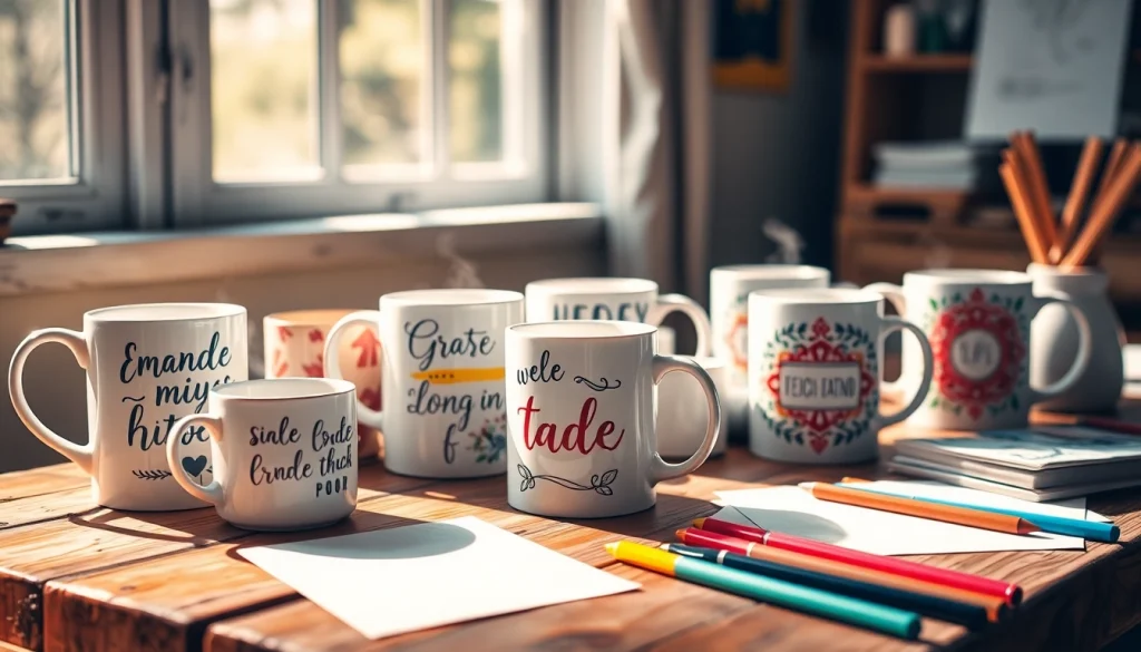 Personalizuoti puodeliai su išskirtiniais dizainais rodomi jaukioje aplinkoje.