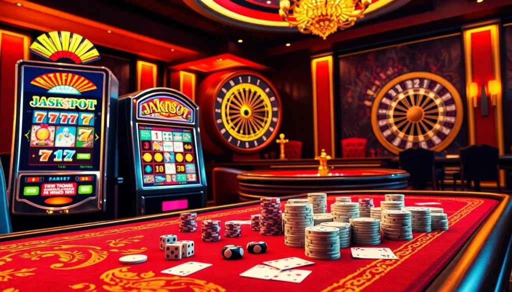 Play engaging idnslot games at a luxurious casino table featuring colorful chips and dice.