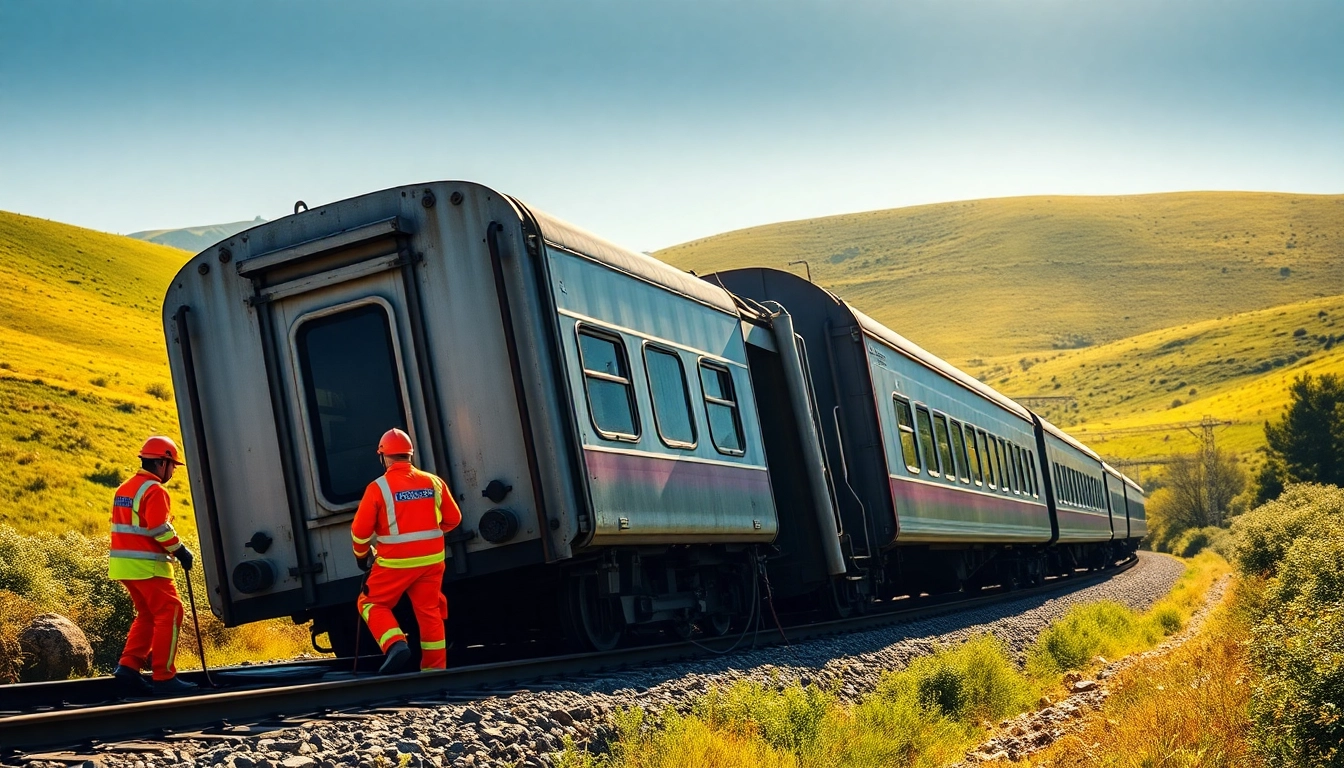 A rescue team assesses the spain train crash scene with overturned carriages in a rural setting.