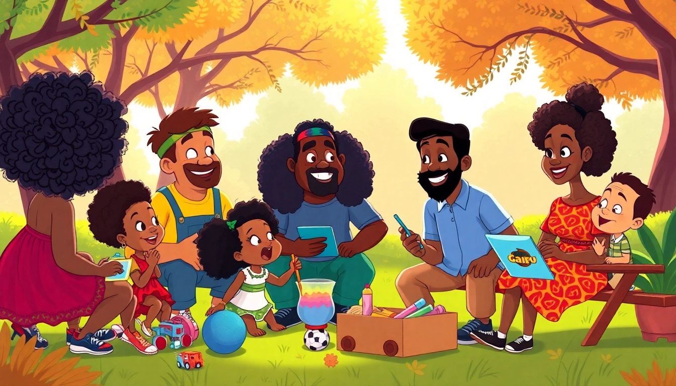 A lively scene showcasing African American Cartoons characters interacting joyfully in a park.