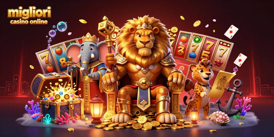 I migliori casino online presentano un re leone con simboli di gioco e tesori in un'illustrazione coinvolgente