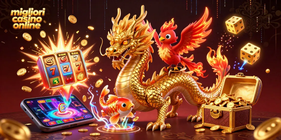 Scopri i migliori casino online con l'azione di un drago dorato e simboli delle slot.