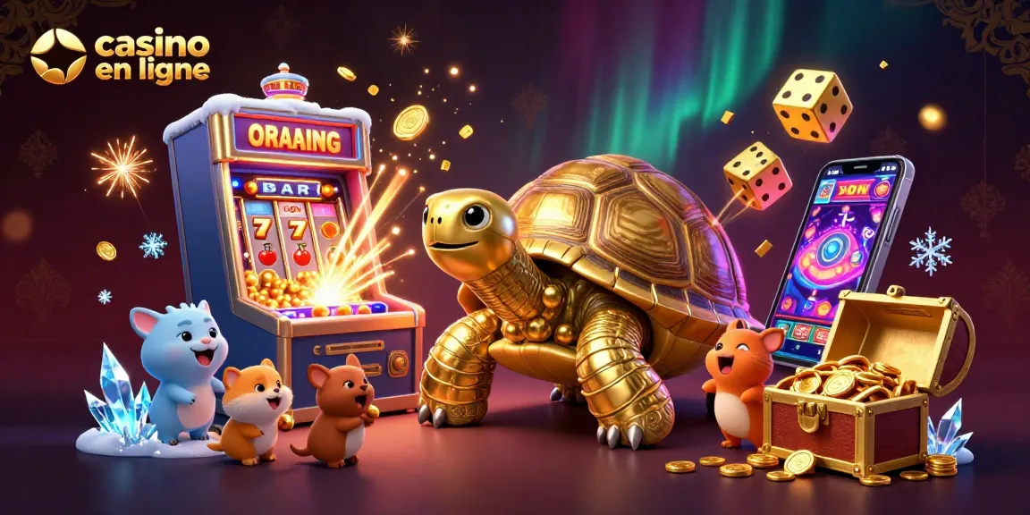 Jouez au casino en ligne avec cette illustration dynamique représentant une tortue et des jeux de casino colorés.
