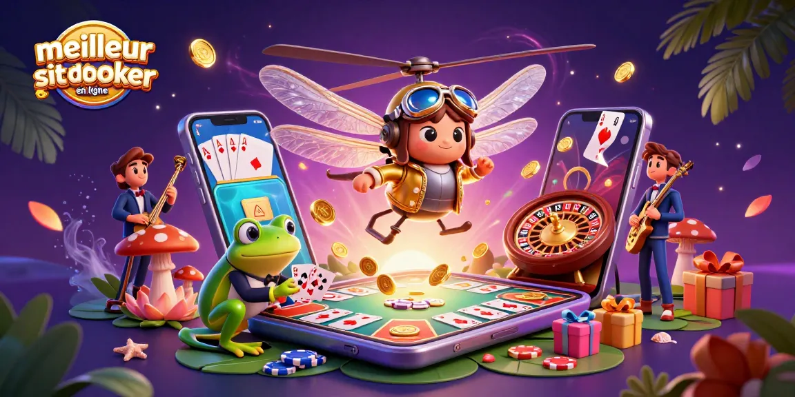 Jouez sur le meilleur site de poker en ligne avec une illustration dynamique de personnages et d'éléments de jeu.
