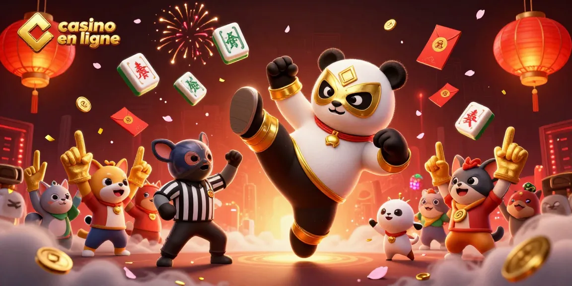 Illustration dynamique d'un panda joueur de casino en ligne en action avec des éléments festifs.