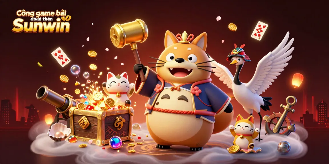Cổng game bài đổi thưởng Sunwin showcases a cheerful tanuki character, surrounded by vibrant game elements and a dynamic casino atmosphere.