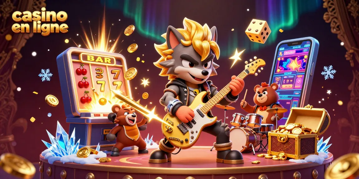 Jouez à des jeux captivants sur un casino en ligne avec notre illustration d'un loup rock star et un ours batteur.