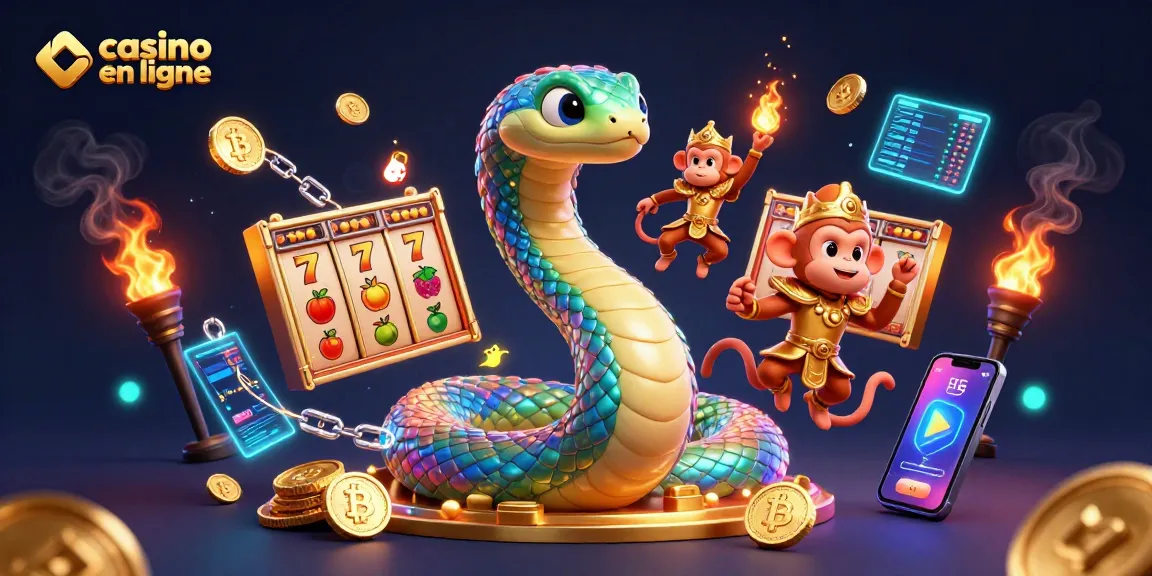 Une scène dynamique de jeux de casino en ligne, avec un serpent arc-en-ciel et un roi singe, célébrant le thème des casinos en ligne.