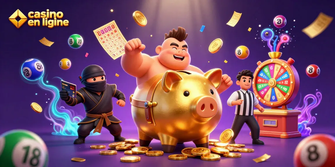Vivez l'excitation de casino en ligne avec un sumotori en or, des ballons de loterie, et des effets lumineux captivants.