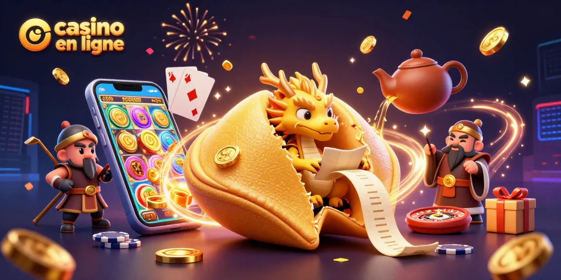 Un casino en ligne vibrant affichant un dragon sage et un cookie en or entouré de jeux de hasard animés, créant une atmosphère festive.