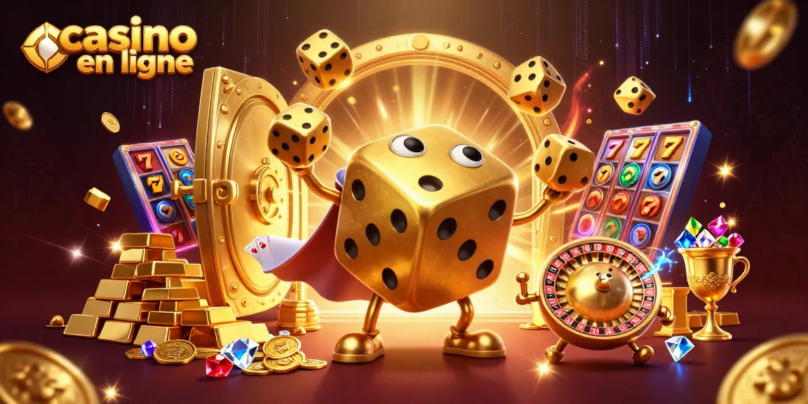 Casino en ligne : une illustration 3D captivante avec des dés dorés, des jets de lumière et des rouleaux de machines à sous.