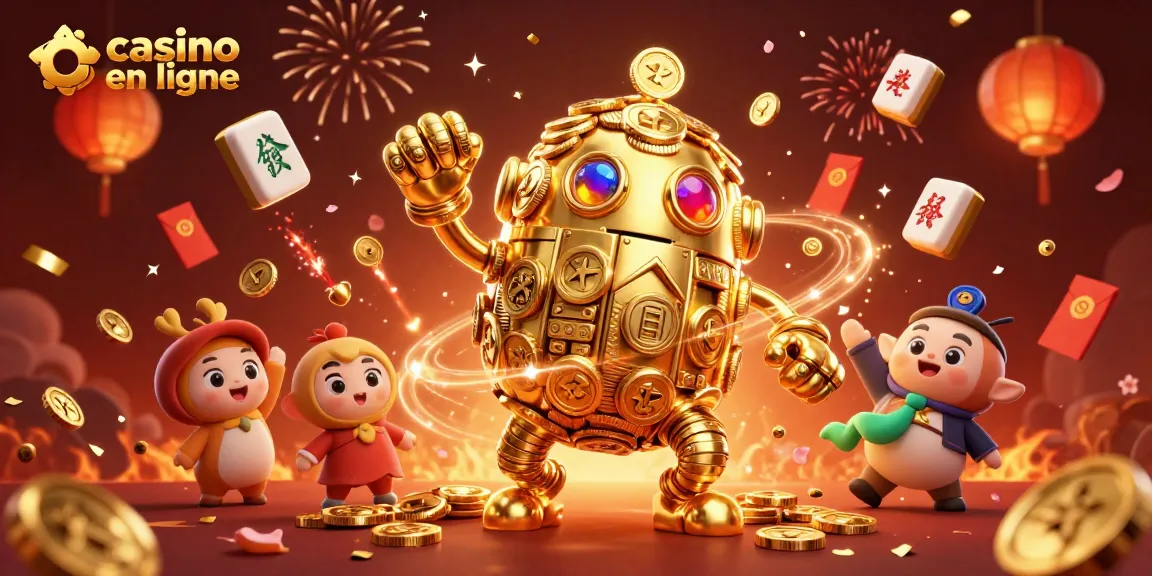 Jouez au casino en ligne avec ce golem doré et des éléments festifs captivants.