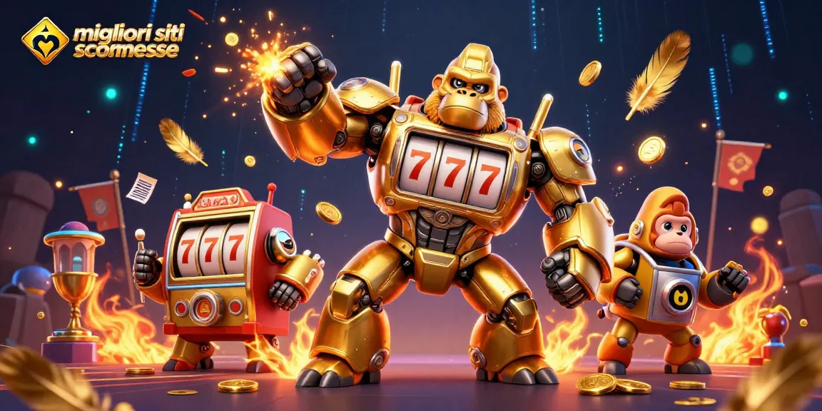 I migliori siti scommesse rappresentati con un mech gorilla dorato, elementi di sport e scommesse in un'illustrazione dinamica