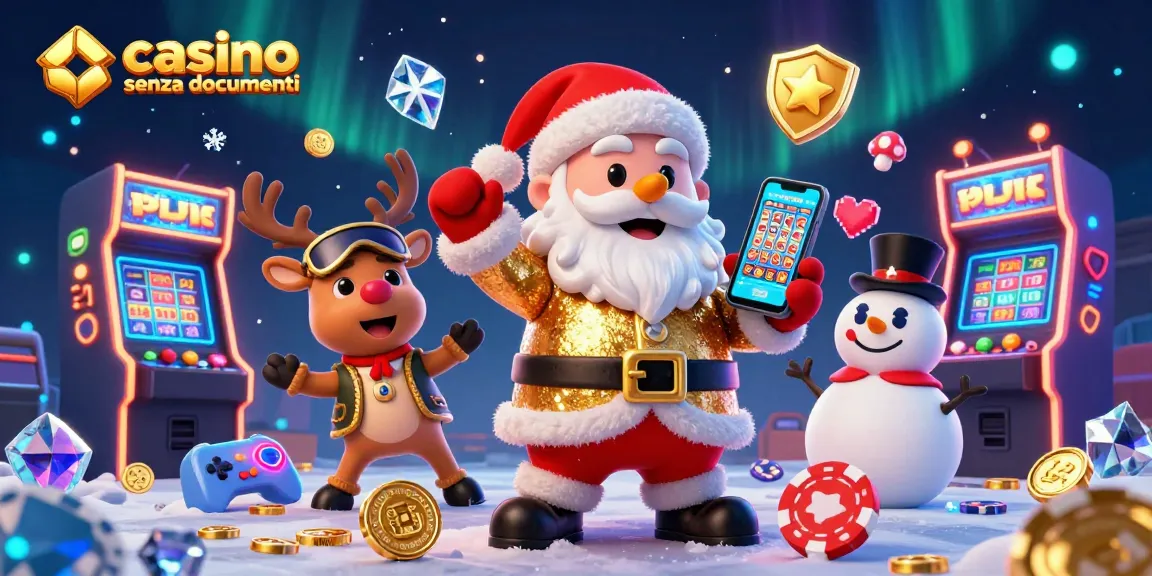 Giocando in casino senza documenti, il Babbo Natale cartoon alla moda mostra jackpot e gioca con amici.