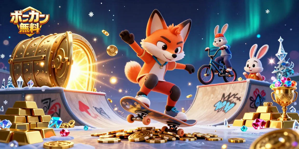 ポーカー オンライン 無料の魅力あふれる情景で、スケートボードを楽しむキャラクターたちが元気に遊ぶイラスト