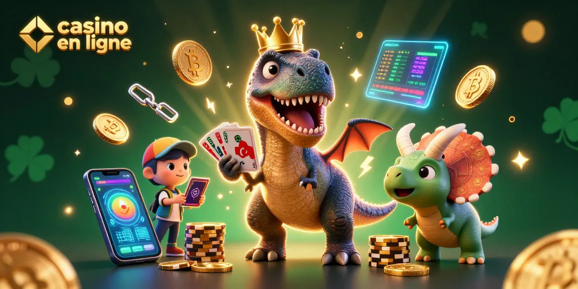 Illustration 3D d'un T-Rex jouant aux cartes au casino en ligne avec Bitcoin et Ethereum scintillants autour.