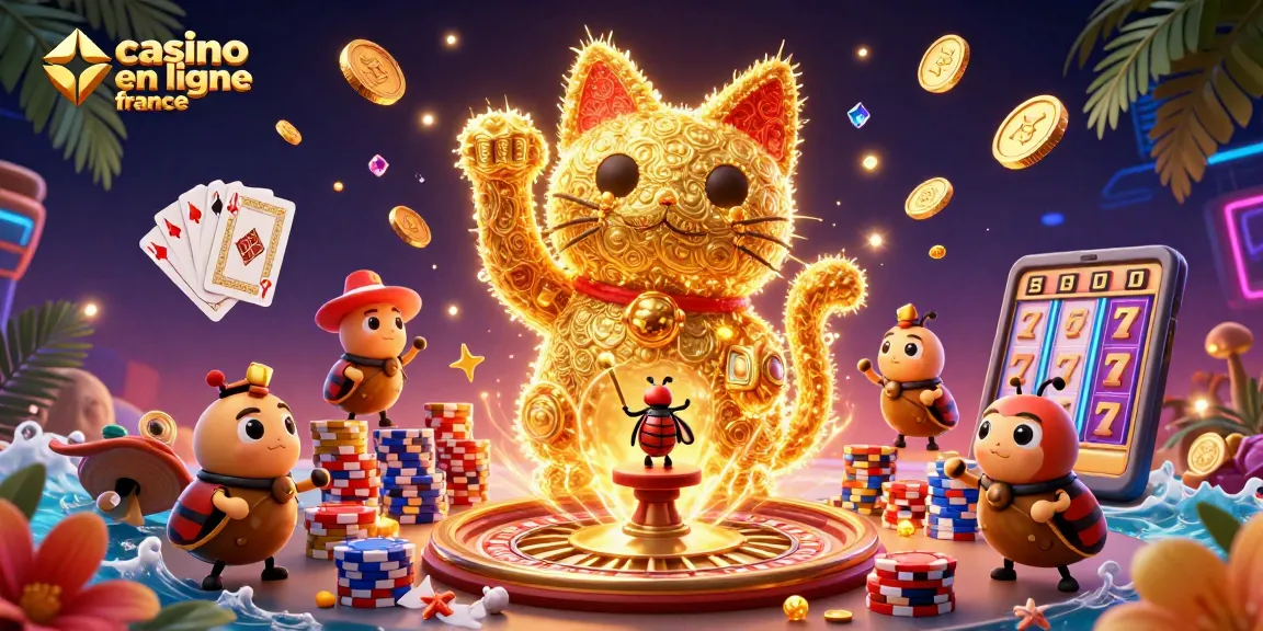 Illustration du casino en ligne France montrant un chat chanceux formé par des lucioles dorées.