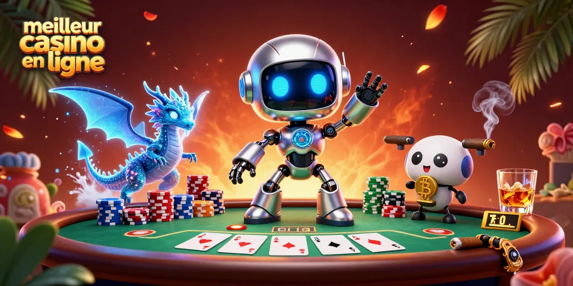Jouez et gagnez au meilleur casino en ligne avec une illustration dynamique de robots et de jeux de poker.
