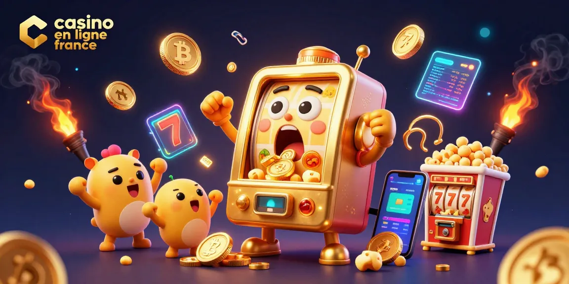 Casino en ligne France célèbre un jackpot avec une machine à sous dorée et ses amis, sous des pièces volantes.