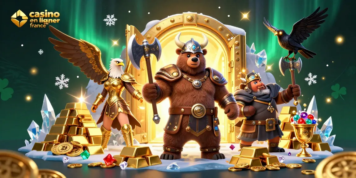 La scène illustrant le casino en ligne en France avec un ours viking et une aigle Valkyrie entourée de richesses.